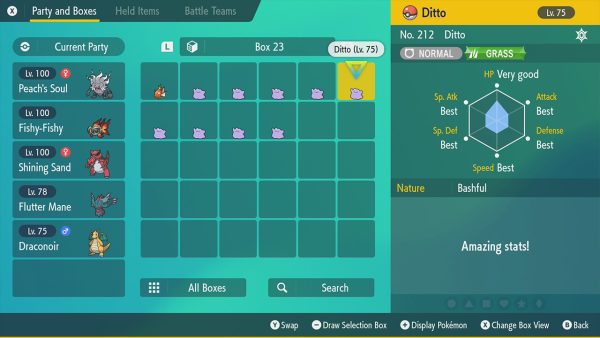 Several Ditto in a box, with one shown with 5 perfect Best! IVs
