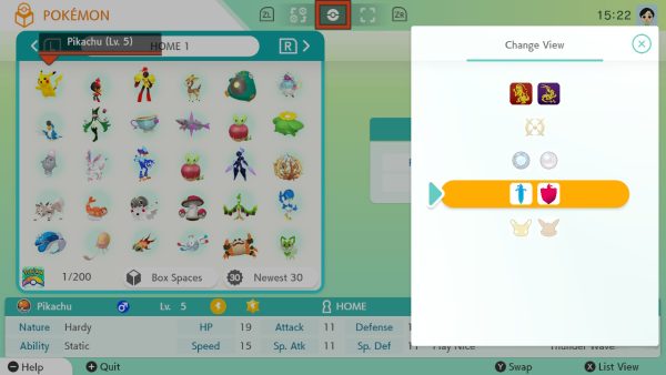 A Pikachu in HOME with the options to toggle between Scarlet/Violet and Sword/Shield