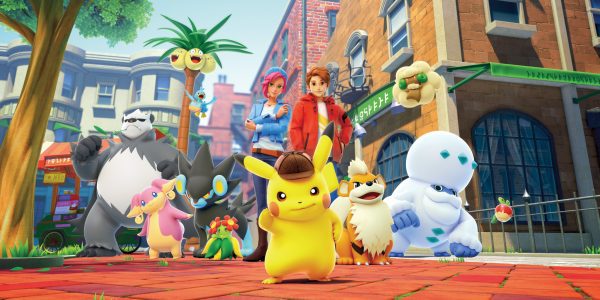Key art for Detective Pikachu Returns, with Pikachu, Galarian Darmanitan, and other Pokémon