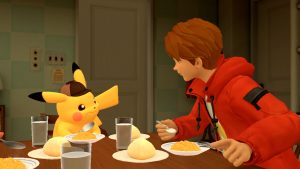 Tim Goodman and Detective PIkachu at the dinner table