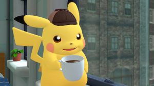 Detective Pikachu holding a cup of coffee