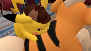 Detective Pikachu on a Growlithe's back
