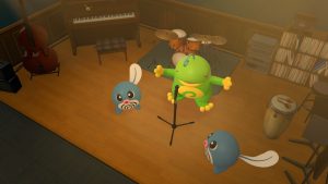A Politoed singing into a microphone with two Poliwag