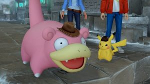 Detective Pikachu and a Slowpoke with a cowboy hat