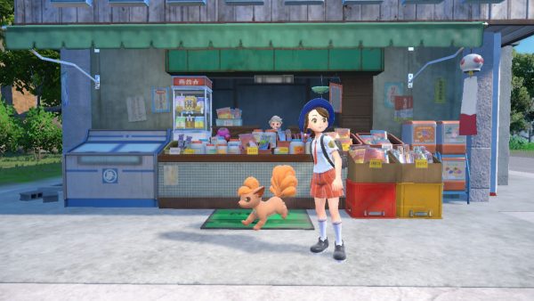A Vulpix and the player outside of a market stall