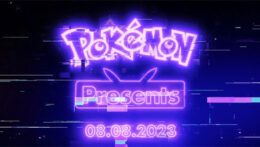 Glitchy text with the words Pokémon Presents and the date 08 08 2023